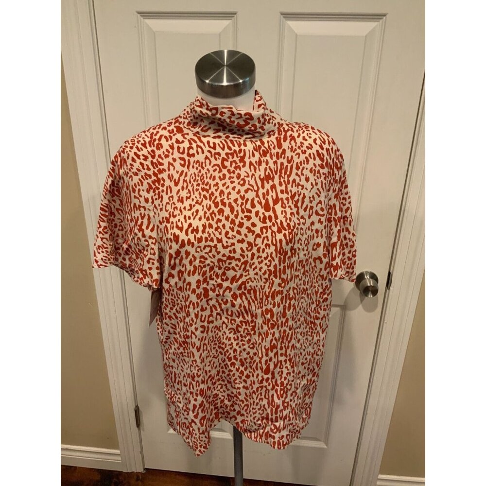 Women's Red Animal Print Mock Neck Blouse